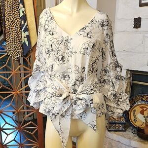 White House Black Market Poplin Top Womens Jasmine White 4 Ruched Sleeve Tie